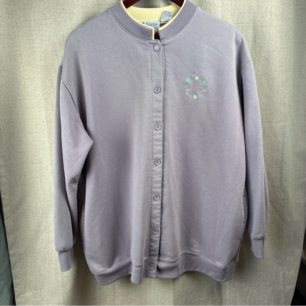 Vintage Soft Lavender Embroidered Daisy Chain Cardigan Pockets Pastel Grandma 1X